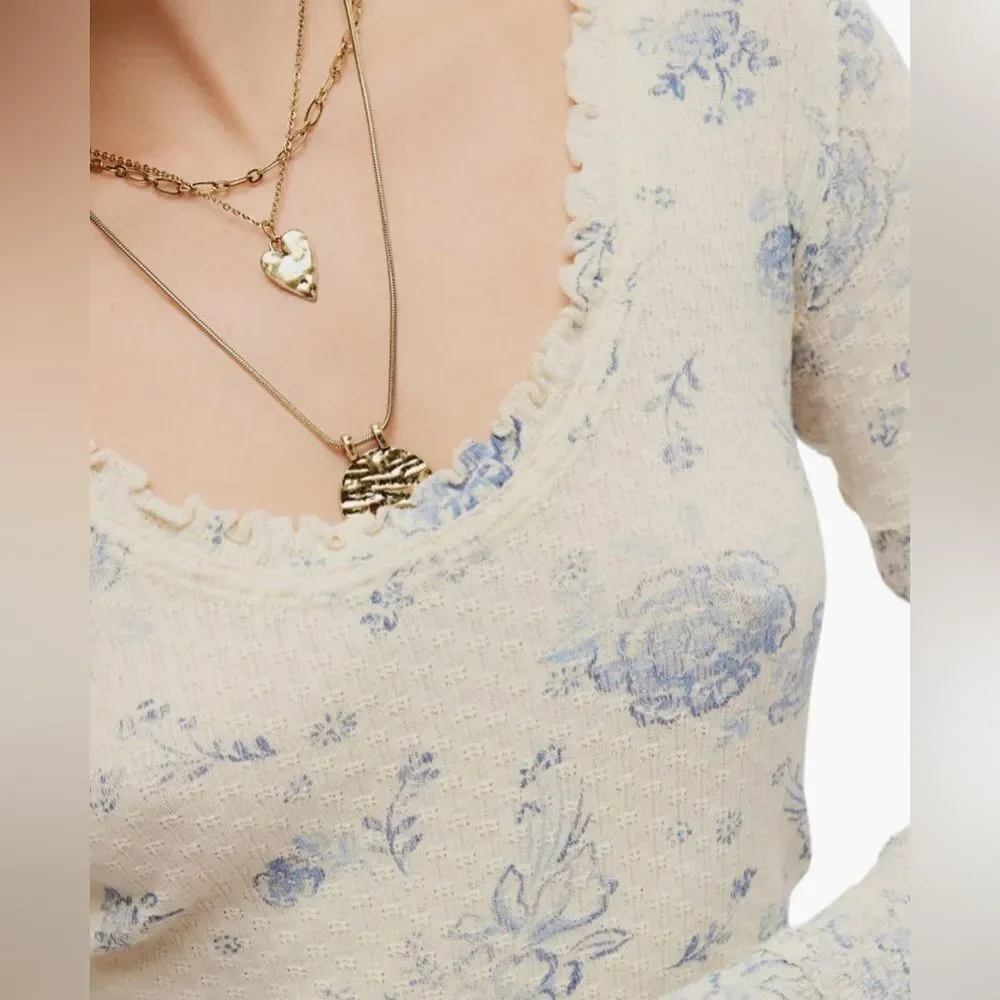 free people XL Ivory Blue Clover Floral Long Sleeve Cotton Thermal Top